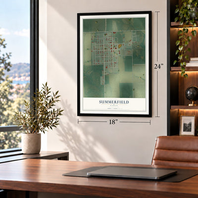 Summerfield, Kansas map, 18 x 24 inch print in a black frame in a home office