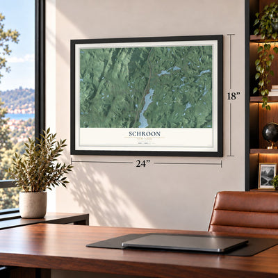 Schroon, New York map, 18 x 24 inch print in a black frame in a home office