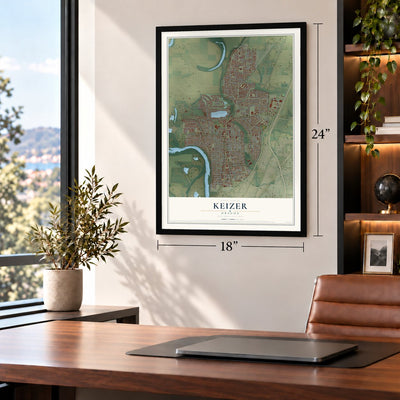 Keizer, Oregon map, 18 x 24 inch print in a black frame in a home office