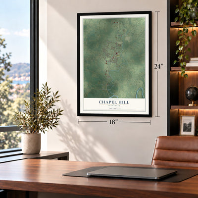 Chapel Hill, Tennessee map, 18 x 24 inch print in a black frame in a home office