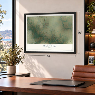 Pecan Hill, Texas map, 18 x 24 inch print in a black frame in a home office