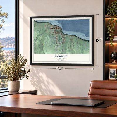 Langley, Washington map, 18 x 24 inch print in a black frame in a home office