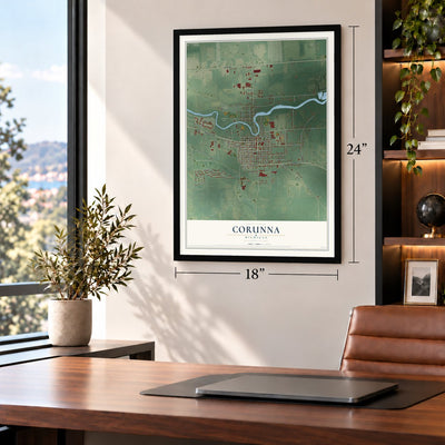 Corunna, Michigan map, 18 x 24 inch print in a black frame in a home office