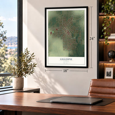 Gillespie, Illinois map, 18 x 24 inch print in a black frame in a home office