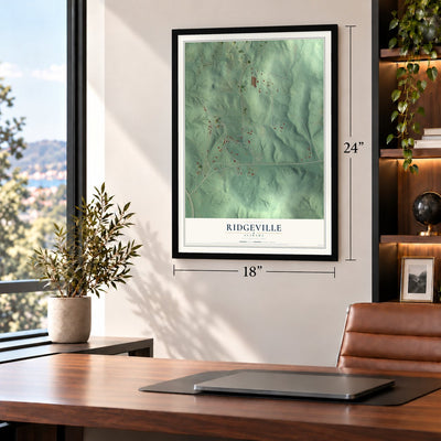 Ridgeville, Alabama map, 18 x 24 inch print in a black frame in a home office
