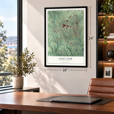 Long View, North Carolina map, 18 x 24 inch print in a black frame in a home office