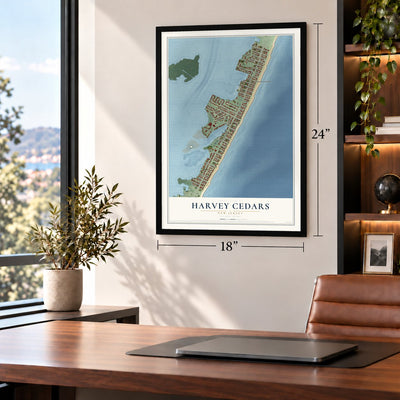 Harvey Cedars, New Jersey map, 18 x 24 inch print in a black frame in a home office