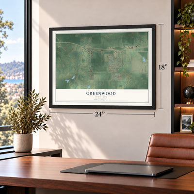Greenwood, Louisiana map, 18 x 24 inch print in a black frame in a home office