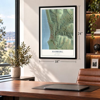 Hamburg, Illinois map, 18 x 24 inch print in a black frame in a home office