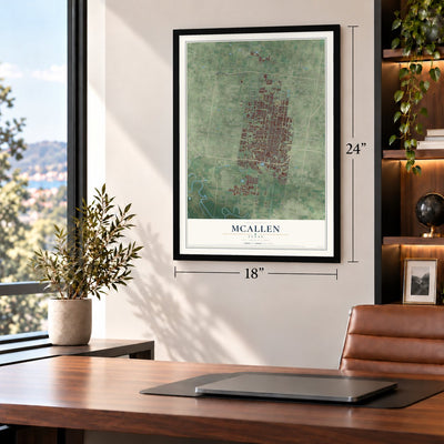 McAllen, Texas map, 18 x 24 inch print in a black frame in a home office