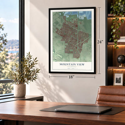 Mountain View, California map, 18 x 24 inch print in a black frame in a home office