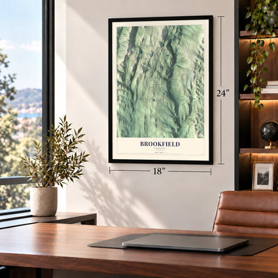 Brookfield, Vermont map, 18 x 24 inch print in a black frame in a home office