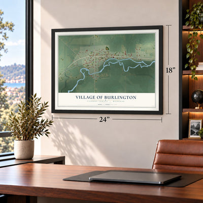 Burlington, Michigan map, 18 x 24 inch print in a black frame in a home office