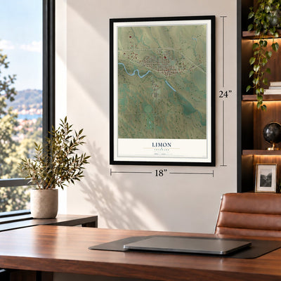 Limon, Colorado map, 18 x 24 inch print in a black frame in a home office