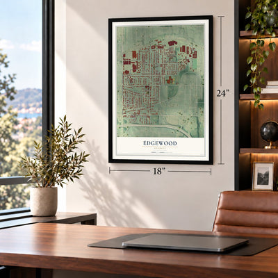 Edgewood, Georgia map, 18 x 24 inch print in a black frame in a home office