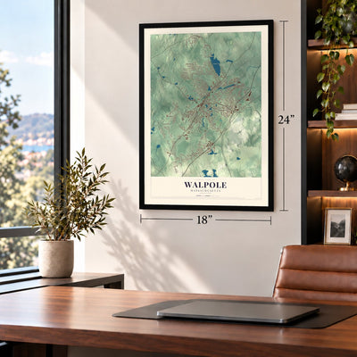 Walpole, Massachusetts map, 18 x 24 inch print in a black frame in a home office
