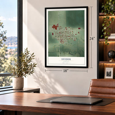 Snyder, Nebraska map, 18 x 24 inch print in a black frame in a home office