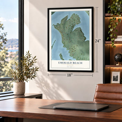 Emerald Beach, Missouri map, 18 x 24 inch print in a black frame in a home office