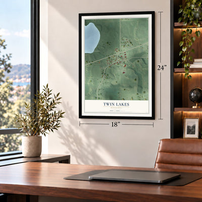 Twin Lakes, Minnesota map, 18 x 24 inch print in a black frame in a home office