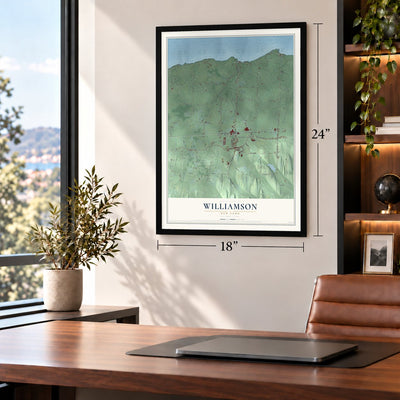 Williamson, New York map, 18 x 24 inch print in a black frame in a home office