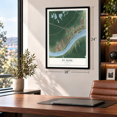 St. Rose, Louisiana map, 18 x 24 inch print in a black frame in a home office