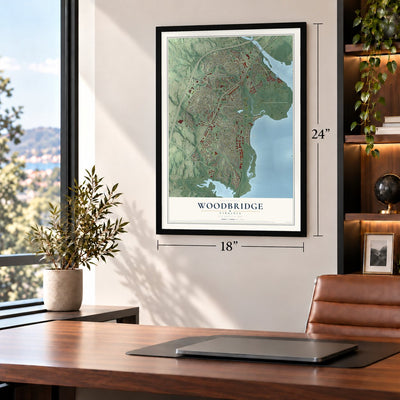 Woodbridge, Virginia map, 18 x 24 inch print in a black frame in a home office