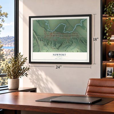 Newport, Indiana map, 18 x 24 inch print in a black frame in a home office