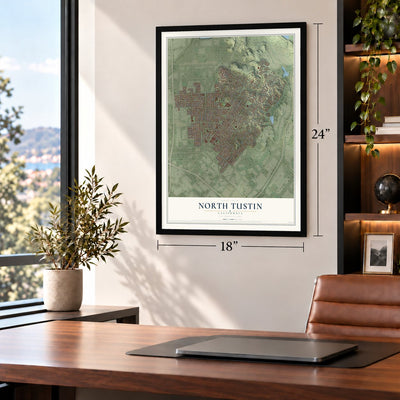 North Tustin, California map, 18 x 24 inch print in a black frame in a home office