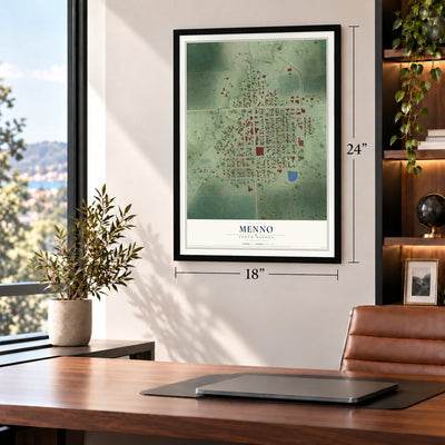Menno, South Dakota map, 18 x 24 inch print in a black frame in a home office