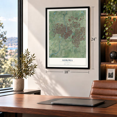 Aurora, Illinois map, 18 x 24 inch print in a black frame in a home office