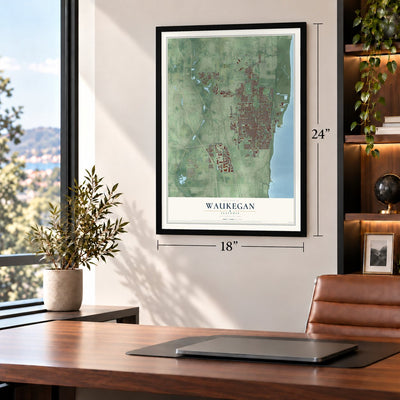 Waukegan, Illinois map, 18 x 24 inch print in a black frame in a home office