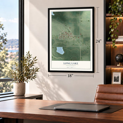 Long Lake, South Dakota map, 18 x 24 inch print in a black frame in a home office