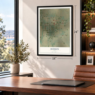 Dodson, Texas map, 18 x 24 inch print in a black frame in a home office