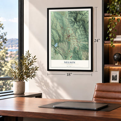 Nelson, Georgia map, 18 x 24 inch print in a black frame in a home office