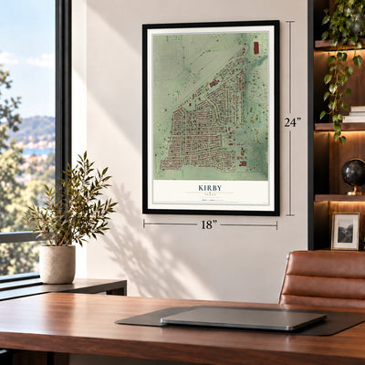 Kirby, Texas map, 18 x 24 inch print in a black frame in a home office