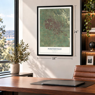 Porterville, California map, 18 x 24 inch print in a black frame in a home office