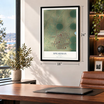 Spearman, Texas map, 18 x 24 inch print in a black frame in a home office