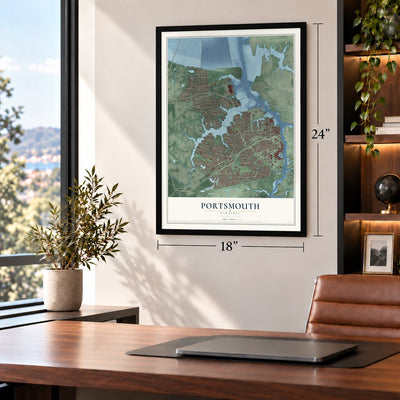 Portsmouth, Virginia map, 18 x 24 inch print in a black frame in a home office