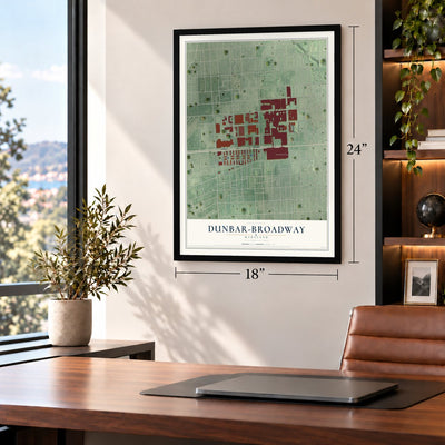 Dunbar-Broadway, Maryland map, 18 x 24 inch print in a black frame in a home office