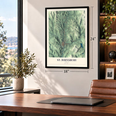 St. Johnsbury, Vermont map, 18 x 24 inch print in a black frame in a home office
