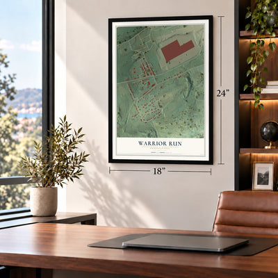 Warrior Run, Pennsylvania map, 18 x 24 inch print in a black frame in a home office