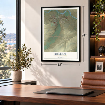 Glenrock, Wyoming map, 18 x 24 inch print in a black frame in a home office