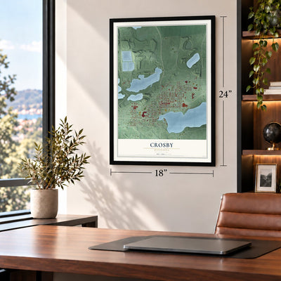 Crosby, Minnesota map, 18 x 24 inch print in a black frame in a home office
