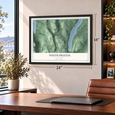 South Bristol, New York map, 18 x 24 inch print in a black frame in a home office