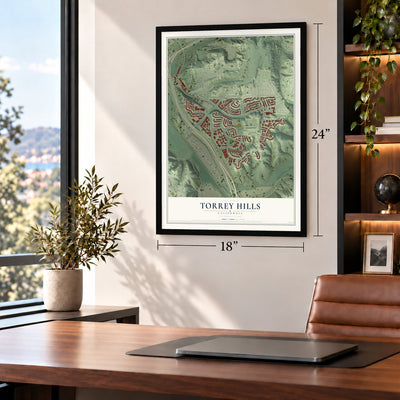 Torrey Hills, California map, 18 x 24 inch print in a black frame in a home office