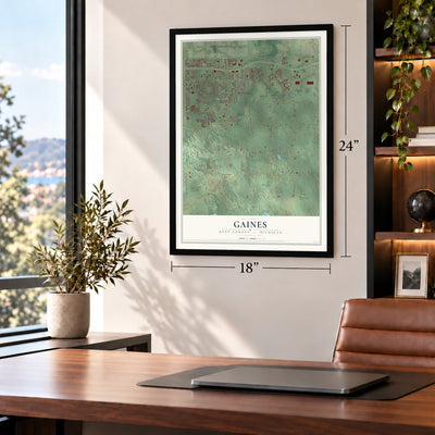 Gaines, Kent County, Michigan map, 18 x 24 inch print in a black frame in a home office