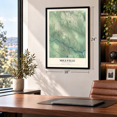 Millville, Massachusetts map, 18 x 24 inch print in a black frame in a home office