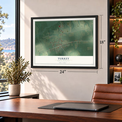 Turkey, North Carolina map, 18 x 24 inch print in a black frame in a home office