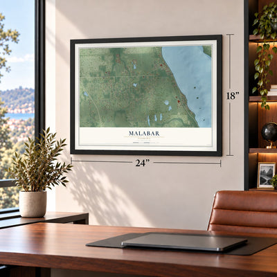 Malabar, Florida map, 18 x 24 inch print in a black frame in a home office