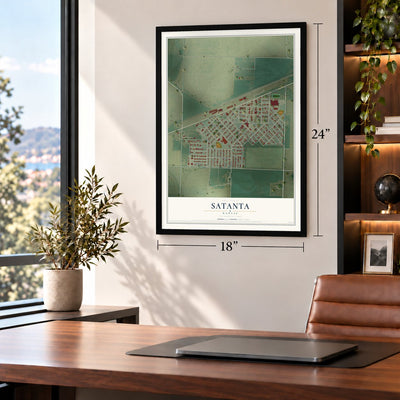 Satanta, Kansas map, 18 x 24 inch print in a black frame in a home office
